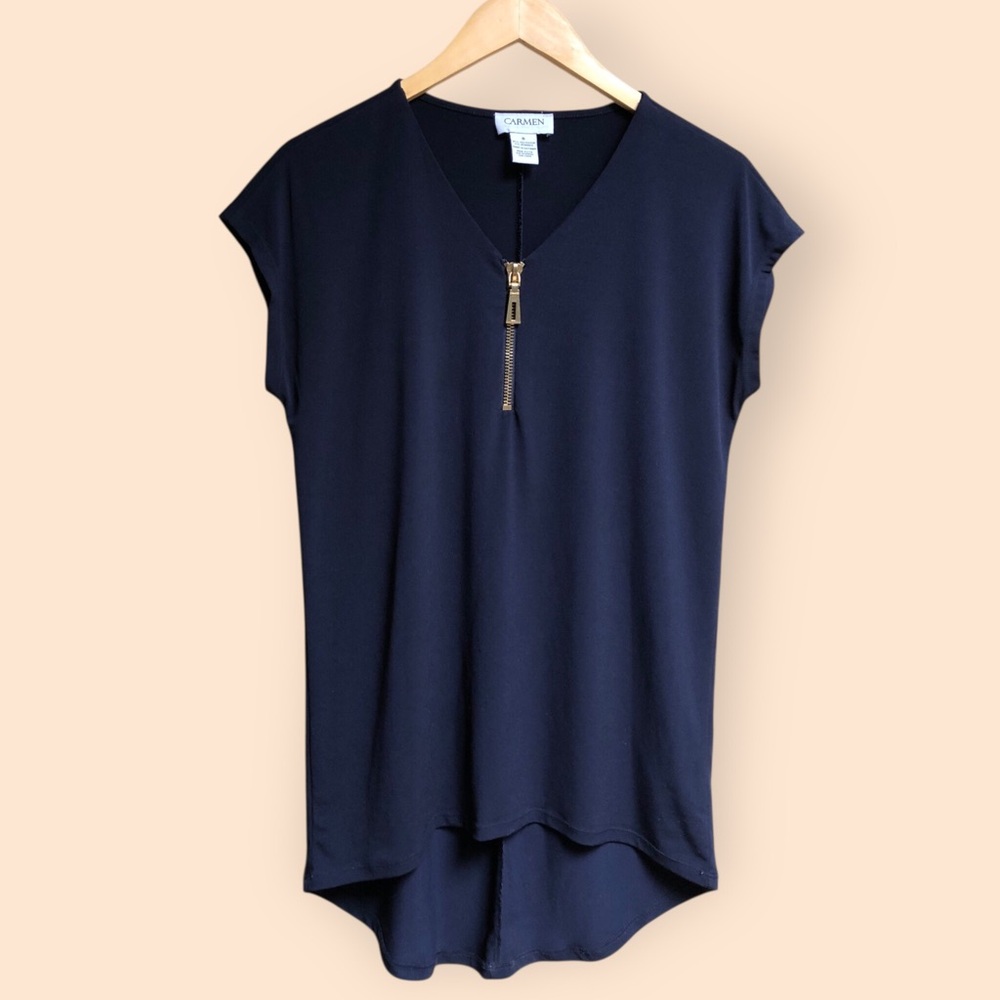 Carmen Marc Valvo Navy Blue Short Sleeved Blouse Top Gold Zipper Women’s Small - Picture 2 of 9
